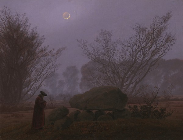 Caspar David Friedrich, A Walk at Dusk, c.1830-5 (oil on canvas) (Spaziergang, Landschaft, Mann, Gebet, Nachtszene, Grab, Steinzeitgrab, Dolmen, Dunst, diffus, mystisch, Romantik, Malerei, Klassiker, Wohnzimmer, Wunschgröße, bunt)