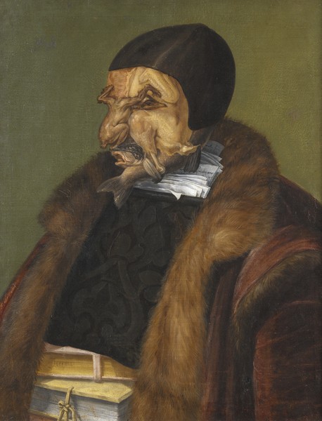 Giuseppe Arcimboldo, The Lawyer, 1566 (oil on canvas) (Wunschgröße, Büste, Beruf, Anwalt, Rechtsanwalt, Gesicht, Hühnchen, Fische, eklig, abstoßend, Personifizierung, bizarr, Manierismus, Allegorie, Figurativ, Klassiker, Wohnzimmer, Bibliothek,  bunt)