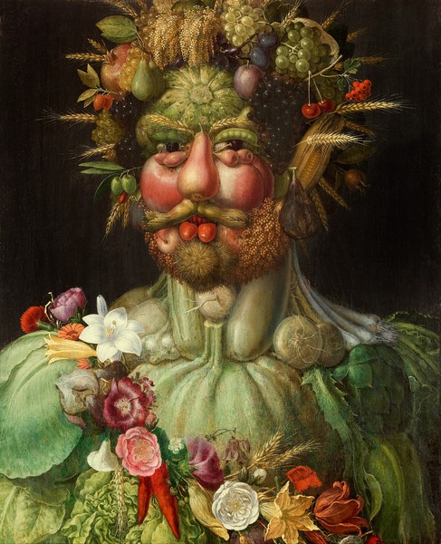 Giuseppe Arcimboldo, Vertumnus, 1591 (oil on panel) (Wunschgröße, Gesicht, Portrait, Blumen, Blüten, Früchte, Gemüse, pflanzlich, Gottheit, Kaiser, bizarr, Manierismus, Allegorie, Figurativ, Klassiker, Wohnzimmer, Esszimmer, bunt)