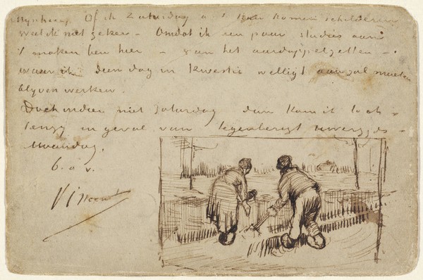 Vincent van Gogh, Postcard with Two Peasants Digging, 1885 (pen and brown ink on a postcard)