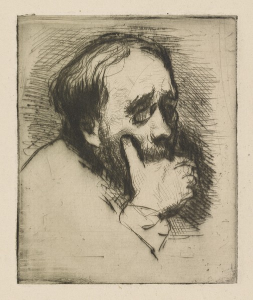 Marcellin Gilbert Desboutin, Portrait of Edgar Degas, 1875 (drypoint) (Portrait, Künstlerportrait, Edgar Degas, nachdenklich, Skizze, Zeichnung, Impressionismus, Klassiker, Wunschgröße, Treppenhaus, Wohnzimmer, schwarz/weiß)