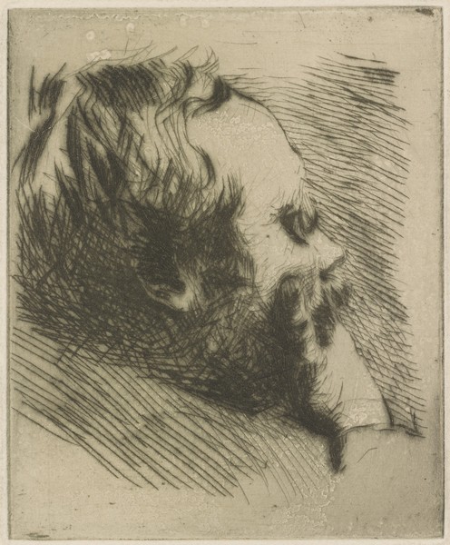 Giuseppe or Joseph de Nittis, Portrait of Edgar Degas, 1875 (drypoint) (Portrait, Profil, Künstler, Edgar Degas, Zeichnung, Studie, Klassische Moderne, Treppenhaus, Wohnzimmer, Wunschgröße, schwarz/weiß)