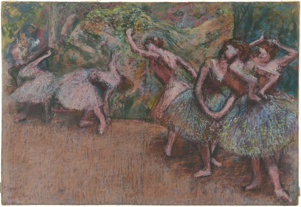 Edgar Degas, Ballet Scene, c.1907 (pastel on greenish transparent tracing paper) (Ballett, Tänzerinnen,  Tanz,  Tutu, Tüll, Impressionismus, Klassiker, Treppenhaus, Wohnzimmer, Schlafzimmer, bunt)