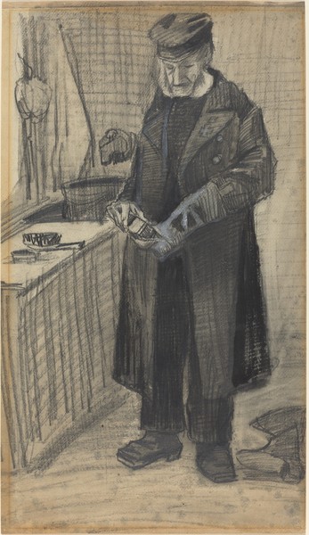 Vincent van Gogh, Man Polishing a Boot, 1882 (black chalk and gray wash, with white heightening on wove paper)