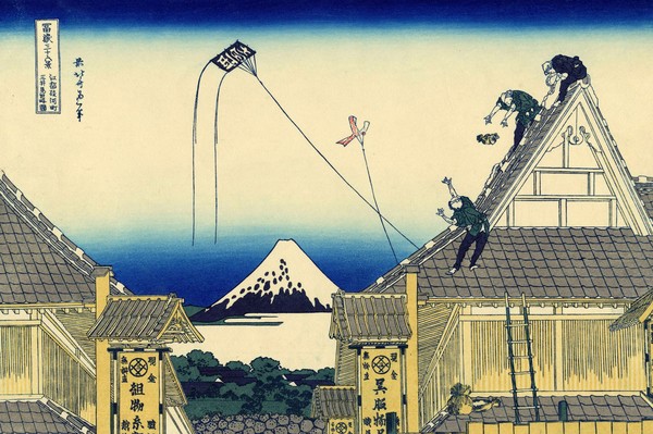 Katsushika Hokusai, A sketch of the Mitsui shop in Suruga street in Edo, c.1830 (woodblock print)