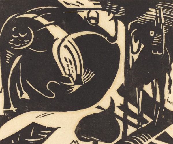 Franz Marc, Two Mythical Animals (Zwei Fabeltiere), 1914 (woodcut in black on japan paper)