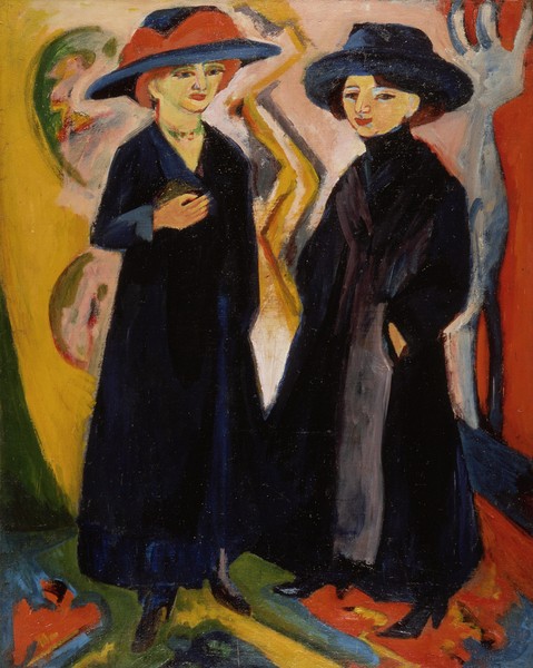 Ernst Ludwig Kirchner, Two Women, c.1910s (oil on canvas) (Zeei, Frauen, Mäntel, Hüte, Expressionismus, Malerei, Klassische Moderne, Wohnzimmer, Treppenhaus, Wunschgröße, bunt)