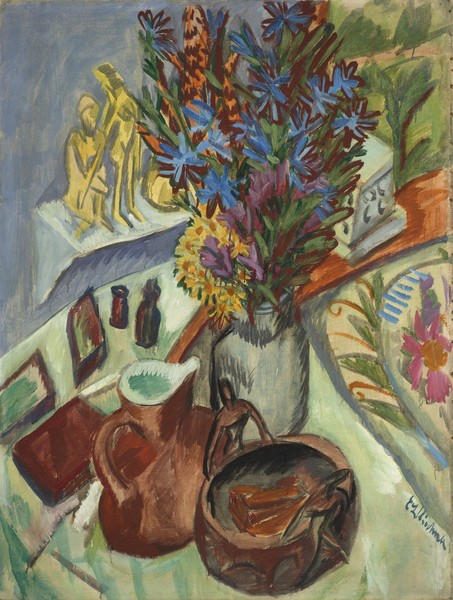 Ernst Ludwig Kirchner, Still Life with Jug and African Bowl, 1912 (oil on canvas) (Stillleben, Blumenstrauss, Krug, Expressionismus, Malerei, Klassische Moderne, Wohnzimmer, Treppenhaus, Wunschgröße, bunt)