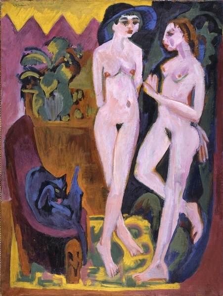 Ernst Ludwig Kirchner, Two Nudes in a Room, 1914 (oil on canvas) (zwei Frauen, nackt, Aktmalerei, lässig, Gespräch, Innenraum, Expressionismus, Malerei, Klassische Moderne, Wohnzimmer, Treppenhaus, Wunschgröße, bunt)