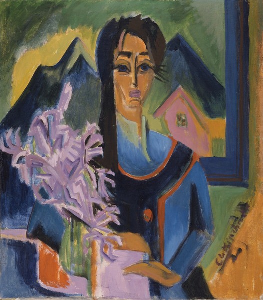 Ernst Ludwig Kirchner, Sunday in the Alps, 1922 (oil on canvas) (Portrait, Frau, Blumenstrauß, Fenster, Ausblick, Berge, Alpen, Expressionismus, Malerei, Klassische Moderne, Wohnzimmer, Treppenhaus, Wunschgröße, bunt)