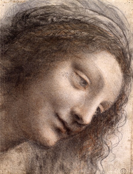 Leonardo da Vinci, Head of Virgin, 1508-1512 (black chalk, charcoal, and red chalk, with some traces of white chalk on card)
