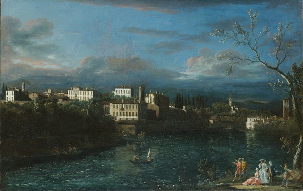 Bernardo Bellotto, Vaprio d'Adda, 1744 (oil on canvas) (Landschaft, Landschaftsmalerei, Vedute, mittelalterliche Stadt, Fluss, Adda, Malerei, Wohnzimmer, Wunschgröße, Klassiker, bunt)