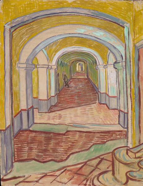 Vincent van Gogh, ""Corridor in the Asylum, 1889 (oil over black chalk on pink laid (""""Ingres"""") paper)""""