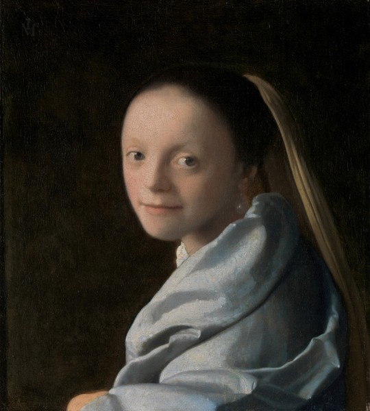 Jan Vermeer, Portrait of a Young Woman, c.1663-65 (oil on canvas) (Malerei, Portrait, Mädchen, junge Frau, Schleier, Barock, goldenes Zeitalter, klassische Malerei, Wohnzimmer, Schlafzimmer, bunt)