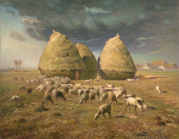 Jean-Francois Millet, Haystacks: Autumn, c.1874 (oil on canvas) (Bauerngenre, Landarbeit, Schafherde, Schafe, Heuhaufen, Landschaft,Herbst, Jahreszeit, Realismus, Malerei, Wohnzimmer, Klassiker, Wunschgröße, bunt)