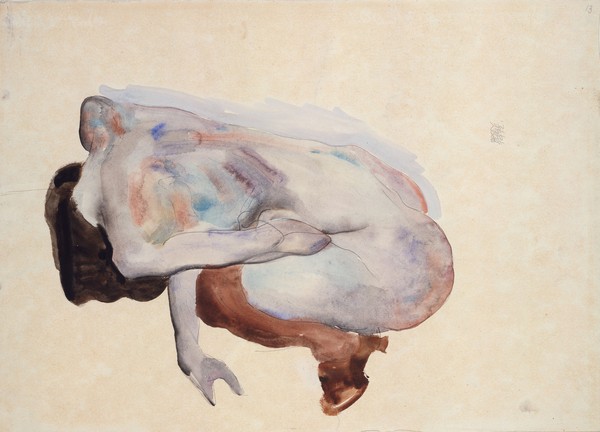 Egon Schiele, Crouching Nude in Shoes and Black Stockings, Back View, 1912 (w/c, gouache and graphite on paper) (Gouache, Frau, Rückenakt, Hocke, Aktmalerei, nackt, Erotik, Schlafzimmer, Wohnzimmer, Expressionismus, Wunschgröße, Malerei, bunt)