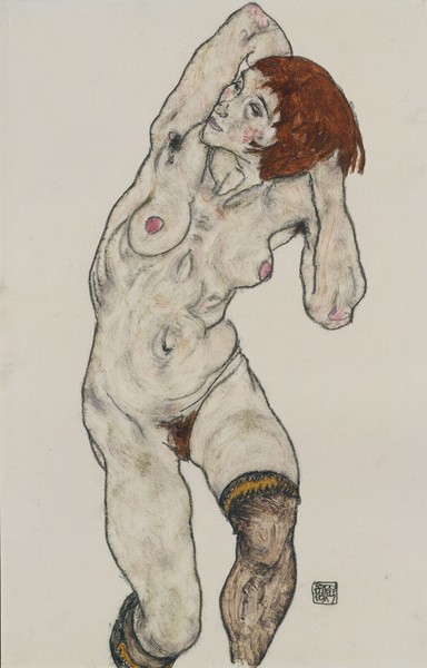Egon Schiele, Standing Nude in Black Stockings, 1917 (w/c and charcoal on paper) (Zeichnung, Kohle, Frau, Strümpfe, stehender Akt, Aktmalerei, nackt, Erotik, Schlafzimmer, Wohnzimmer, Expressionismus, Wunschgröße, Malerei, bunt)