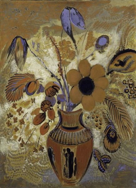 Odilon Redon, Etruscan Vase with Flowers, 1900-10 (tempera on canvas) (Postimpressionismus, Stillleben, Blumenvase, etruskisch, Blüten, Blumen, Sommerblumen, floral, Klassiker, Malerei, Wohnzimmer, Esszimmer, Treppenhaus, Wunschgröße, braun/beige)