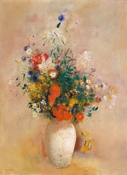 Odilon Redon, Vase of Flowers (Pink Background), c.1906 (oil on canvas) (Postimpressionismus, Stillleben, Blumenvase, Blüten, Blumen, Sommerblumen, floral, Klassiker, Malerei, Wohnzimmer, Esszimmer, Treppenhaus, Wunschgröße, bunt)