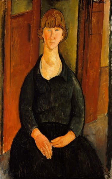 Amedeo Modigliani, Flower Vendor, 1919 (oil on canvas) (Portrait, Gesicht, Sitzende, Frau, Zimmer, Türen, Expressionismus, klassische Moderne, Malerei, Wohnzimmer, Treppenhaus, Wunschgröße, bunt)