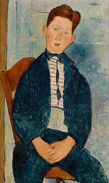 Amedeo Modigliani, Boy in a Striped Sweater, 1918 (oil on canvas) (Portrait, Junge, Knabe, sitzend, Stuhl, Expressionismus, klassische Moderne, Malerei, Wohnzimmer, Treppenhaus, Wunschgröße, bunt)
