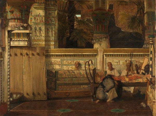 Lawrence Alma-Tadema, The Egyptian Widow, 1872 (oil on panel) (Totenbett, Trauernde, Witwe, Ägypten, antikisierend,  Akademischer Realismus,  Malerei, Wunschgröße, Wohnzimmer, bunt)
