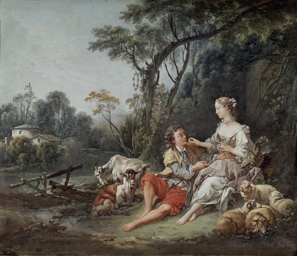 Francois Boucher, """"""Pense-t-il aux raisins?"""", 1747 (oil on canvas)"""" (Schäferstündchen, Paar, Pastorale, Schafe, Trauben,  ländlich, bäuerlich, Genre, idealisiert, Idylle,  Landschaft, Rokoko, Malerei, Klassiker, Wunschgröße, Wohnzimmer, Schlafzimmer, bunt)