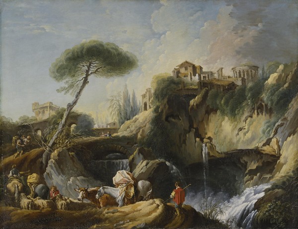 Francois Boucher, View of Tivoli with the Temple of Vesta, c.1749 (oil on canvas) (Brücke, Ruine, antikisiert, Tempel, Hirte, Rinder, Pastorale, ländlich, bäuerlich, Genre, idealisiert, Idylle,  Landschaft, Rokoko, Malerei, Klassiker, Wunschgröße, Wohnzimmer, Schlafzimmer, bunt)