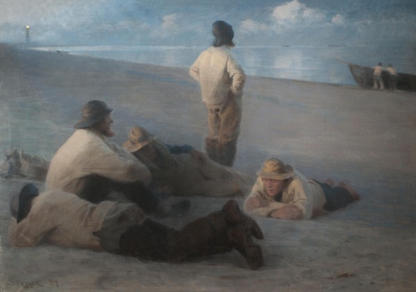 Peder Severin Kroyer, Summer Evening on the Beach at Skagen, 1884 (pastel on canvas) (Klassiker, Malerei, Meerebrise, Impressionismus, Norwegen, Meer, Strand, Sommerabend, Entspannen, Feierabend, Wohnzimmer, Wunschgröße, bunt)