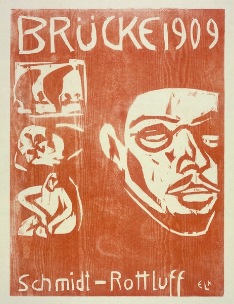 Ernst Ludwig Kirchner, Portrait of Schmidt-Rottluff, 1909 (woodcut) (Plakat, Portrait, Künstler, Brücke 1909, Expressionismus, Grafik, Klassische Moderne, Wohnzimmer, Treppenhaus, Wunschgröße, Holzschnitt, rot/beige)