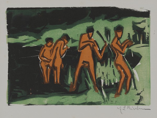 Ernst Ludwig Kirchner, Bathers tossing reeds, 1910 (woodcut) (Badende, Männer, Schilf, Expressionismus, Holzschnitt, Grafik, Klassische Moderne, Wohnzimmer, Treppenhaus, Wunschgröße, bunt)