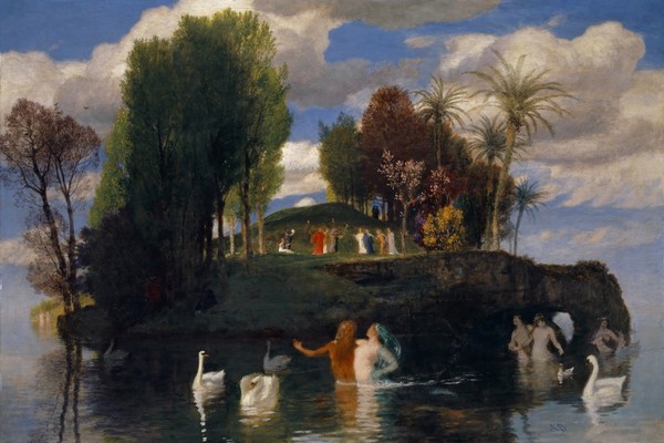 Arnold Bocklin, The Island of the Living, 1888 (oil on mahogany wood) (Insel der Lebenden,Schwäne,  Meer, Insel, Badende, Glück, mystisch, Symbolismus, Wunschgröße, Klassiker, Wohnzimmer, bunt)