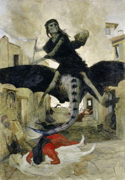 Arnold Bocklin, The Plague, 1898 (tempera on panel) (Plage, Seuche, Krankheit, schwarzer Tod, Leid, Personifikation, Drachen, mystisch, Symbolismus, Wunschgröße, Klassiker, Wohnzimmer, bunt)