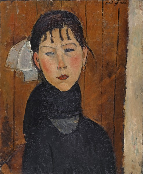 Amedeo Modigliani, Marie (Marie, Daughter of the People), 1918 (oil on canvas) (Portrait, Gesicht, Frau, streng, Expressionismus, klassische Moderne, Malerei, Wohnzimmer, Treppenhaus, Wunschgröße, bunt)