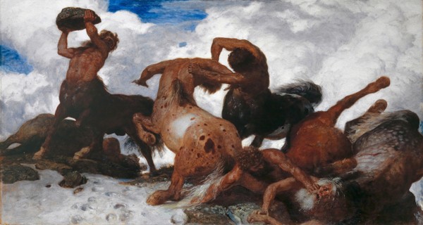 Arnold Bocklin, Battle of the Centaurs, 1872-73 (oil on canvas) (Zentauren, Kampf, Mythologie, Symbolismus, Wunschgröße, Klassiker, Wohnzimmer, bunt)