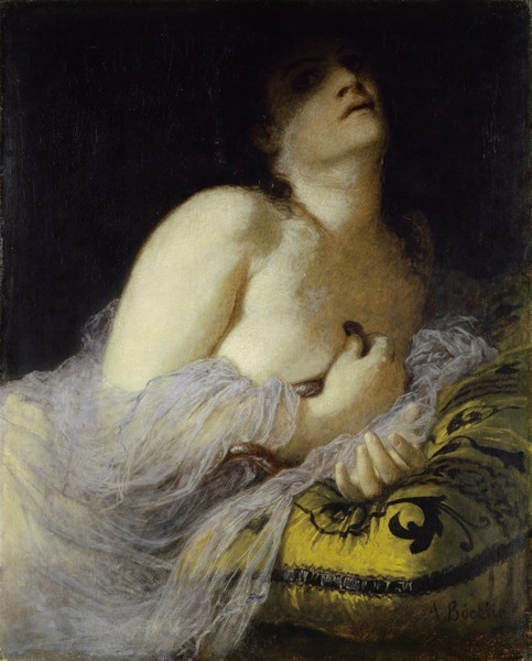 Arnold Bocklin, The Death of Cleopatra (first version), 1872 (oil on canvas) (Kleopatra, Königin, Tod, Schlange, Schlangenbiss, Leid, mystisch, Symbolismus, Wunschgröße, Klassiker, Wohnzimmer, bunt)
