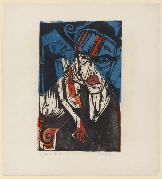 Ernst Ludwig Kirchner, Illustration for 'Peter Schlemihl' by Adalbert von Chamisso, 1915 (colour woodcut) (Portrait, Jude, Geschichte Märchen, Buch, Holzschnitt, Expressionismus, Klassische Moderne, Wohnzimmer, Treppenhaus, Wunschgröße, bunt)