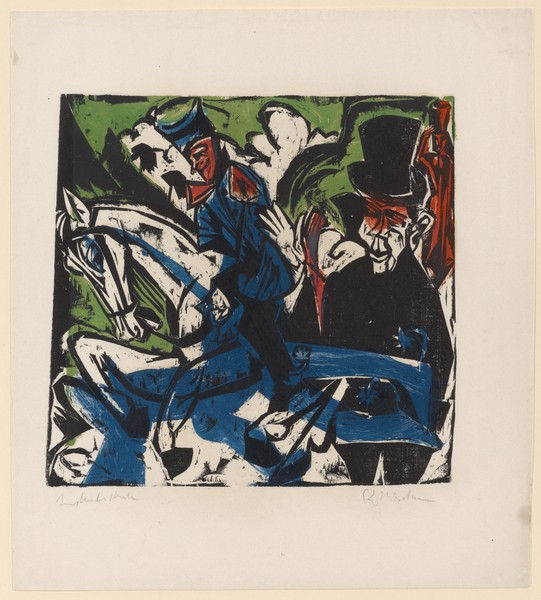 Ernst Ludwig Kirchner, Illustration for 'Peter Schlemihl' by Adalbert von Chamisso, 1915 (colour woodcut) (Soldat, Reiter, Pferd, Mann Zylinder, Geschichte Märchen, Buch, Holzschnitt, Expressionismus, Klassische Moderne, Wohnzimmer, Treppenhaus, Wunschgröße, bunt)
