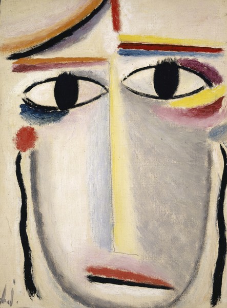 Alexej von Jawlensky, Female Head, 1919-20 (oil on cardboard) (Gesicht, Kopf, abstrahiert, geometrisch, Klassische Moderne, Blauer Reiter, Büro, Treppenhaus, Wohnzimmer, Wunschgröße, bunt)