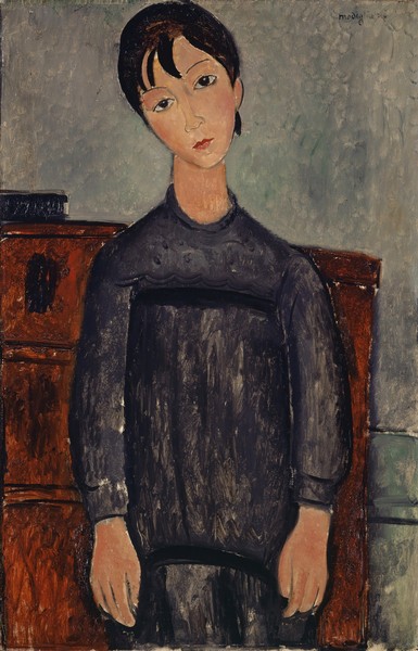 Amedeo Modigliani, Girl Standing in a Black Pinafore, 1918 (oil on canvas) (Portrait, stehende Frau, Mädchen, junge Frau, Expressionismus, klassische Moderne, Malerei, Wohnzimmer, Treppenhaus, Wunschgröße, bunt)