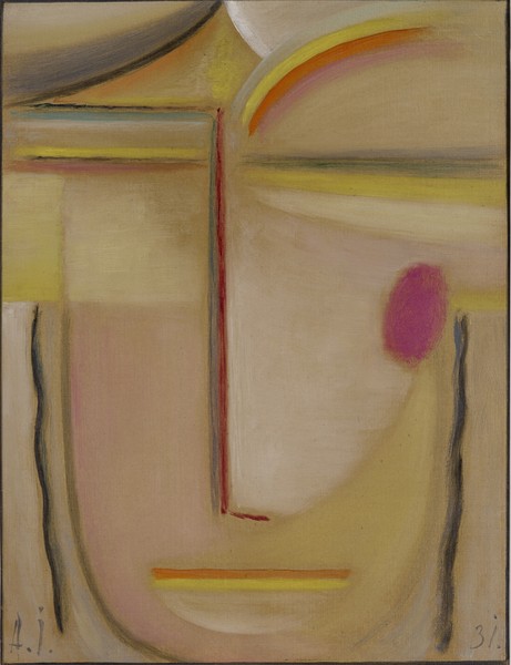 Alexej von Jawlensky, Abstract Head: Gold and Pink, 1931 (oil on cardboard) (Gesicht, Kopf, abstrahiert, geometrisch, Klassische Moderne, Blauer Reiter, Büro, Treppenhaus, Wohnzimmer, Wunschgröße, bunt)
