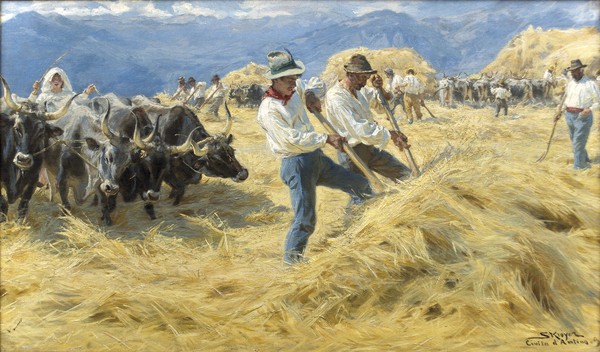 Peder Severin Kroyer, Threshing in the Abruzzi, 1890 (oil on canvas) (Wunschgröße, Klassiker, Malerei, Heuernte, Heu, Ochsen, Ochsenkarre, Arbeiter, Landarbieter, Landwirtschaft, Sommer, Wunschgröße, bunt)