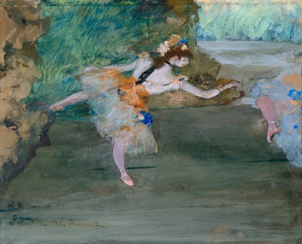 Edgar Degas, Dancer Onstage, c.1877 (gouache over graphite) (Ballett, Tänzerin, Bühne, Aufführung, Tutu, Tüll, Impressionismus, Klassiker, Treppenhaus, Wohnzimmer, bunt)