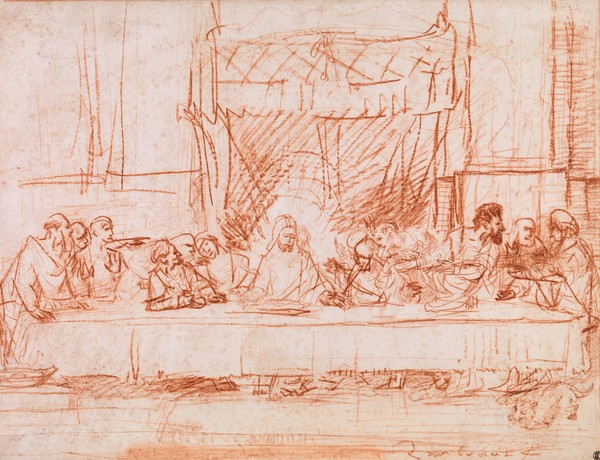 Rembrandt Harmensz. van Rijn, The Last Supper, after Leonardo da Vinci, 1634-35 (red chalk) (das letzte Abendmahl, Skizze, Adaption, da Vinci, Barock, Malerei, Klassiker, Goldenes Zeitalter, Wohnzimmer, Esszimmer, Rötelzeichnng, Wunschgröße)