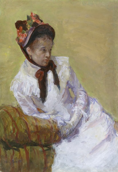 Mary Stevenson Cassatt, Portrait of the Artist, 1878 (w/c, gouache on wove paper) (Portrait, Bildnis, Selbsportrait, Eleganz, Hut, nachdenklich, introvertiert, Impressionismus, Malerei, Wohnzimmer, Wunschgröße, bunt)