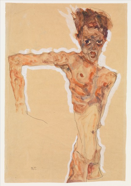 Egon Schiele, Self-Portrait, 1911 (w/c, gouache, and graphite on paper) (Malerei, Expressionismus, Mann, Akt, Selbstportrait, Selbstbildnis, nackt, Aktmalerei, Klassische Moderne, Wohnzimmer, Wunschgröße, bunt)