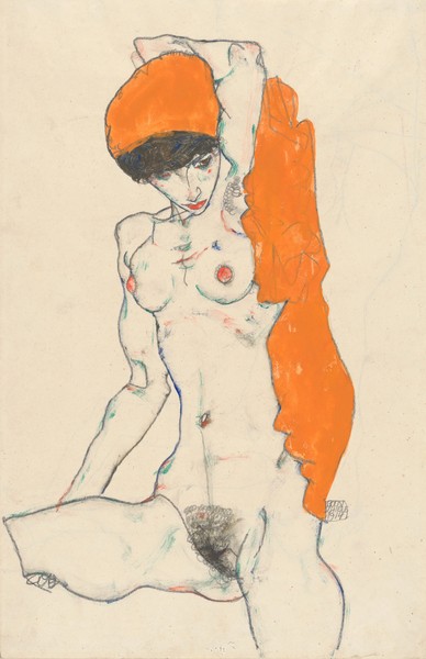 Egon Schiele, Standing Nude with Orange Drapery, 1914 (w/c, gouache and graphite on paper)