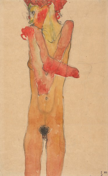 Egon Schiele, Girl nude with folded arms, 1910 (black chalk, wash & w/c on brown paper) (Malerei, Expressionismus, Mädchen, nackt, Aktmalerei, Schämen, Scham,  Erotik,  Klassische Moderne, Schlafzimmer, Wunschgröße, bunt)