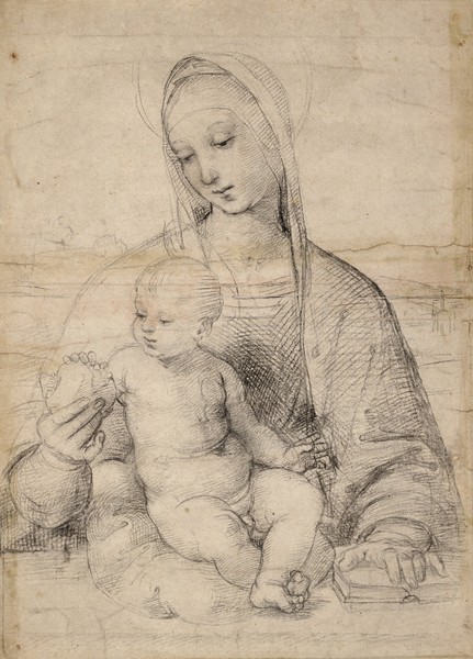 Raphael, Madonna of the pomegranate, c.1504 (black-grey chalk) (Madonna, Kind, Jesus, Granatapfel, Religion, christlich, Renaissance, Kreide, Skizze, Zeichnung, Klassiker, Wunschgröße, Wohnzimmer, schwarz/weiß)