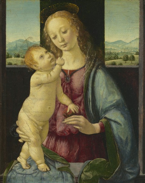 Lorenzo di Credi, Madonna and Child with a Pomegranate, 1475-80 (oil on poplar panel) (Maria, Kind, Christus, Madonna, Granatpfel, Landschaft, Ausblick, Religion, Christlich, Wunschgröße, Malerei, Renaissance, Schlafzimmer, bunt)